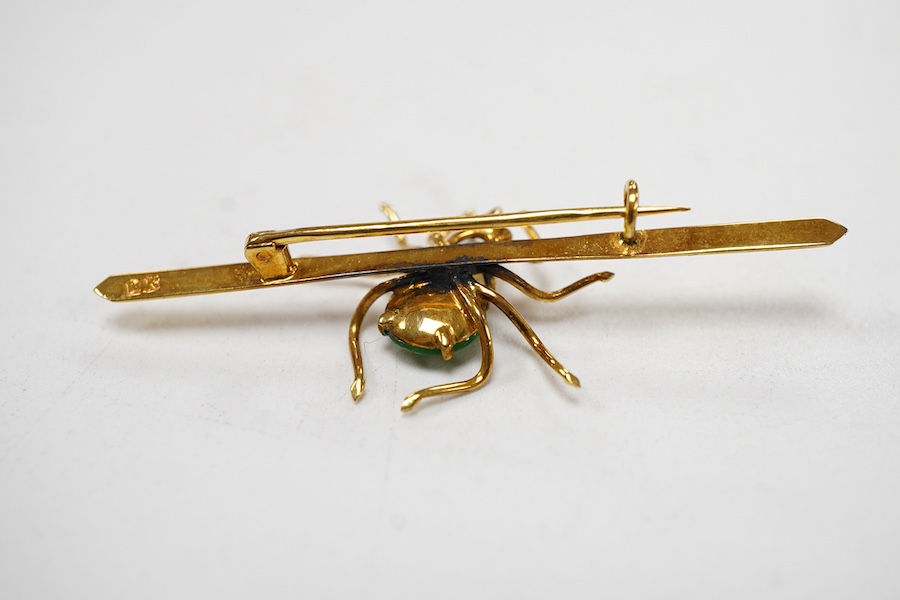A Far Eastern 14k yellow metal, jade and cultured pearl set spider bar brooch, 47mm, gross weight 1.9 grams.